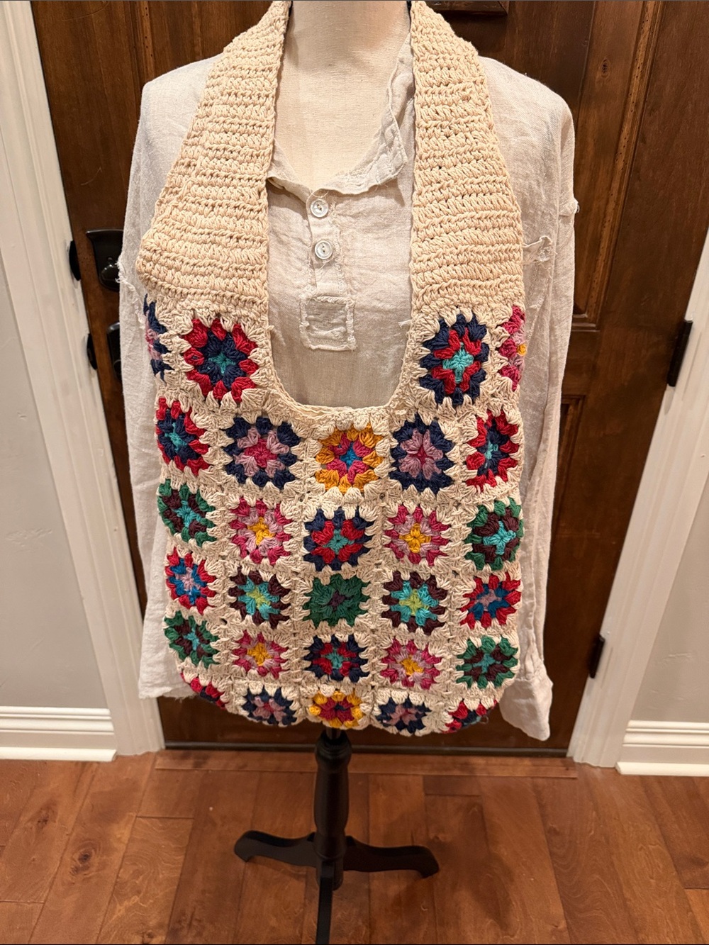 Cream Crochet Granny Square Shoulder Bag with Multicolor Accents